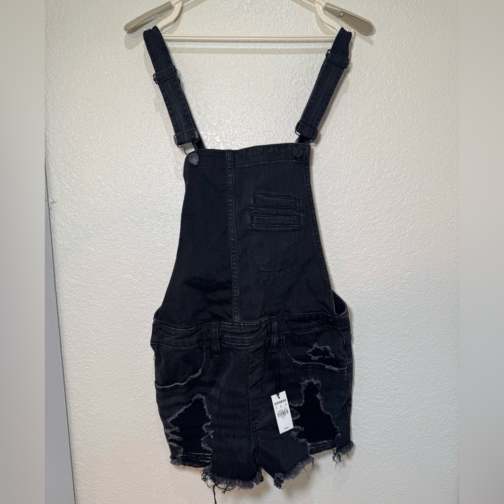 Express Romper Women Size 4 Cotton Denim Cut Off Overall distressed Raw Black Y2